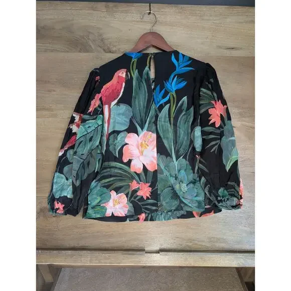 The FARM Rio Blouse Top Womens Small Black Floral Midnight Macaw Fiesta Lace NWT